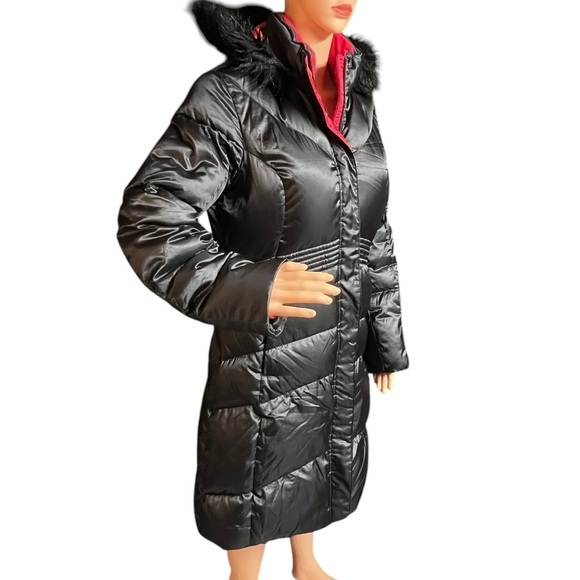 Nike Y2K Duck Down Black & Red Faux Fur Hooded Puffer Long Coat ~ Size M - Picture 5 of 9